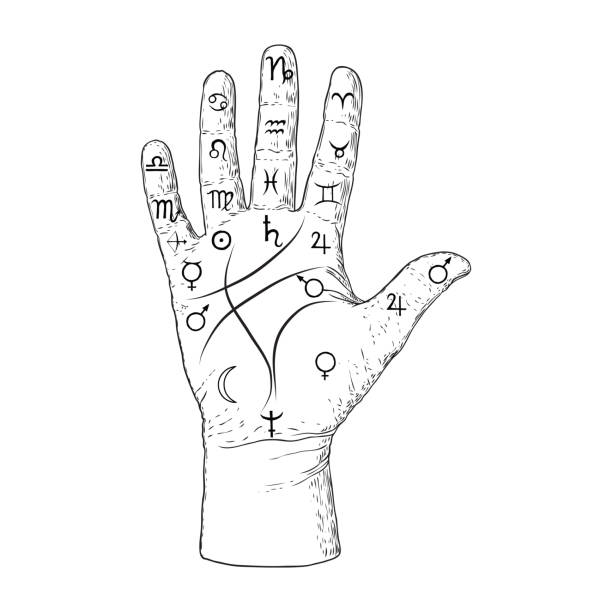 ilustrações de stock, clip art, desenhos animados e ícones de palmistry. esoteric occult symbols on hand, palm of prophecy or reading design. hand drawing. vector. - information medium illustrations