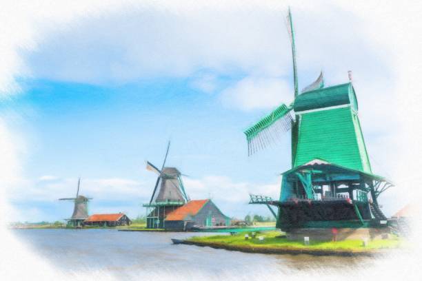istock Traditional dutch windmills and houses 1200045745