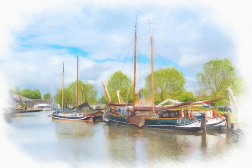 Small wooden boat on the water in a small fishing village in England digital oil painting