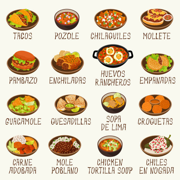 illustrations, cliparts, dessins animés et icônes de graphismes mexicains de nourriture - tostada