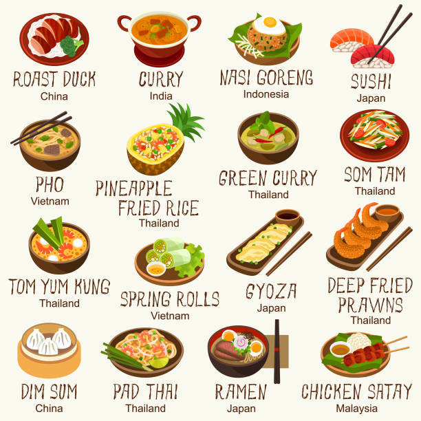 asiatische lebensmittel-ikonen - asiatische küche stock-grafiken, -clipart, -cartoons und -symbole