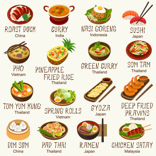 азиатские иконы еды - thai cuisine stock illustrations