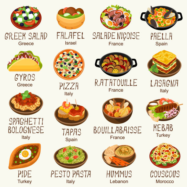 Mediterranean food icons Mediterranean cuisine dishes vector illustration set ratatouille stock illustrations