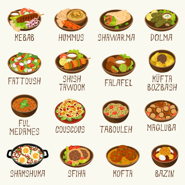арабские иконы еды - кускус еда stock illustrations