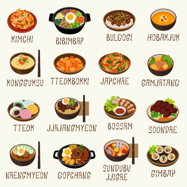 Korean food icons Korean cuisine dishes vector illustration set korean icon stock illustrations