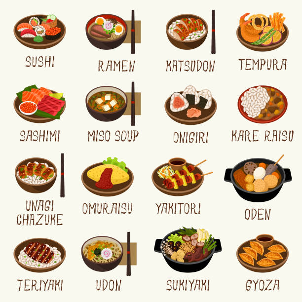 ilustraciones, imágenes clip art, dibujos animados e iconos de stock de iconos de la comida japonesa - sushi restaurant fish japanese culture