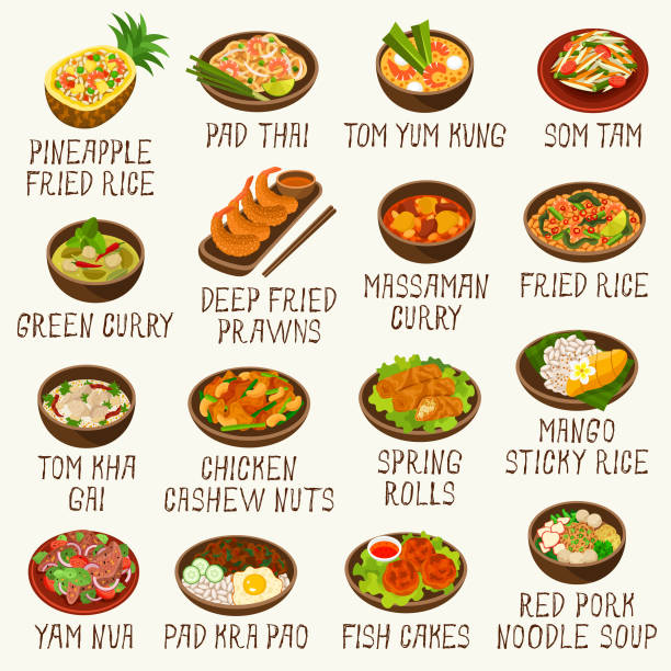 Thai food icons Thai cuisine dishes vector illustration set pad thai stock illustrations