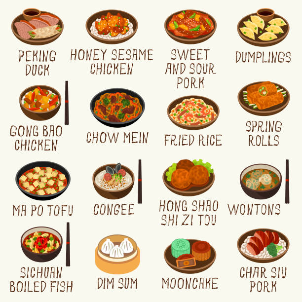 Chinese food icons Chinese cuisine dishes vector illustration set chinese food stock illustrations