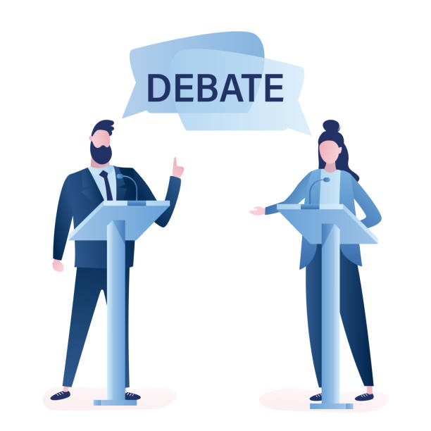 Open debates before Vote. Concept with leaders of opposing political parties conducting intense discussion on public debates. Open debates before Vote. Concept with leaders of opposing political parties conducting intense discussion on public debates. Responding on journalists questions during election campaign. Vector illustration politician stock illustrations