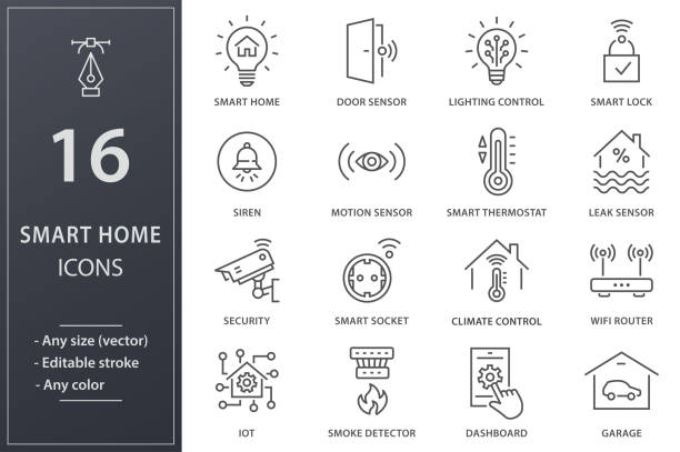 ilustrações de stock, clip art, desenhos animados e ícones de smart home line icons set. black vector illustration. editable stroke. - thermostat