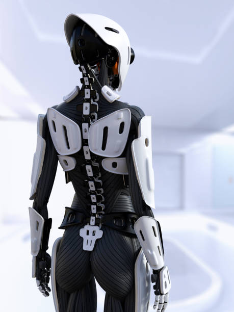 istock 3D rendering of a female android robot with back against camera. 1200048716