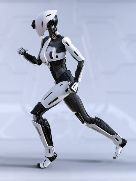 istock 3D rendering of a female android robot running. 1200048719