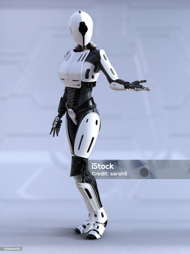 3D rendering of a female android robot posing. 3D rendering of a female android robot standing with its arm out like she is showing something. Futuristic ai concept. Arm Stock Photo