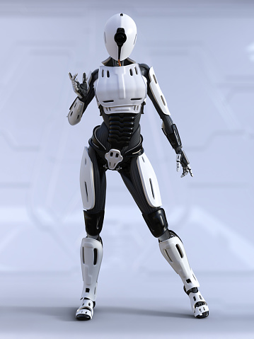 3D rendering of a female android robot standing and posing. Futuristic ai concept.