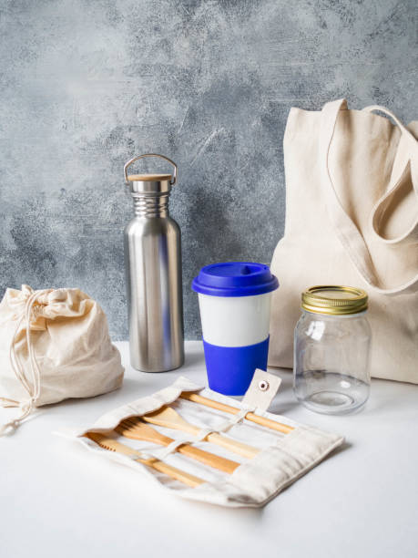 istock Zero waste travel set from various reusable items on white background. Copy space 1200048867