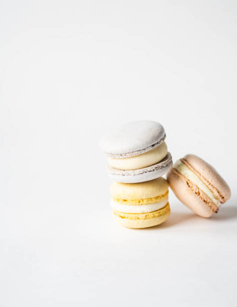 istock Stack of three fresh french pastel colorful macarons on white background. Copy space 1200048869