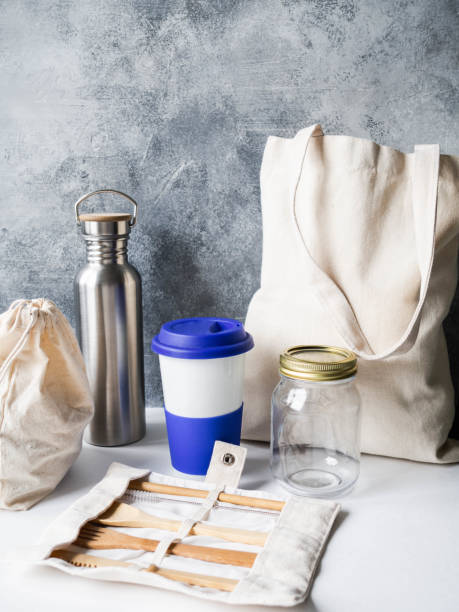 istock Zero waste travel set from various reusable items on white background. Copy space 1200048875