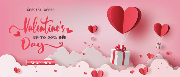 Gift boxes with heart balloon floating it the sky. Gift boxes with heart balloon floating it the sky, Happy Valentine's Day banners, paper art style. valentines day stock illustrations