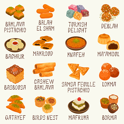 Arabic pastries vector illustration set