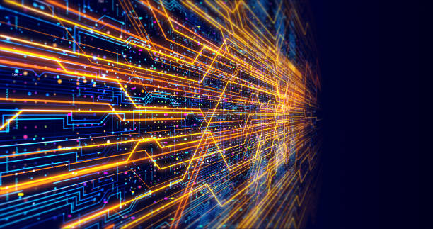 Abstract Motherboard Circuit Illustration Render With Glowing Lines And Numbers
