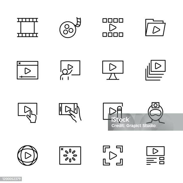 Lijn Pictogram Set Videoproductie Of Publicatie Activiteit Stockvectorkunst en meer beelden van Pictogram