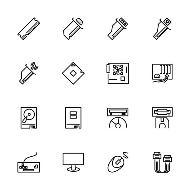 Computer hardware and equipment line icon set Computer hardware and equipment line icon set. Editable stroke vector, isolated at white background motherboard ram slots stock illustrations