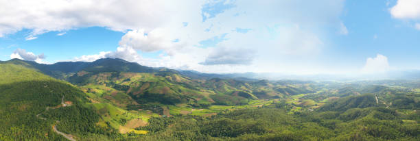 istock Panoramic aerial view from drone of the high mountain landscape 1200052446