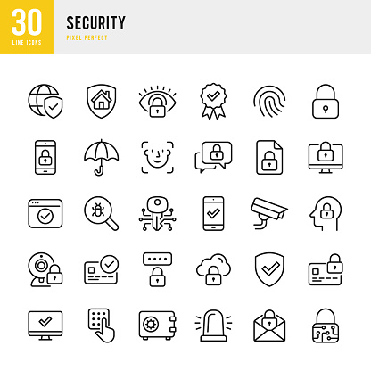 Security - thin line vector icon set. 30 linear icon. Pixel perfect. Outline stroke expanded. The set contains icons: Security, Fingerprint, Digital Key, Alarm, Spam, Security Camera, Scanning, Home Security, Application Form, Internet Security.