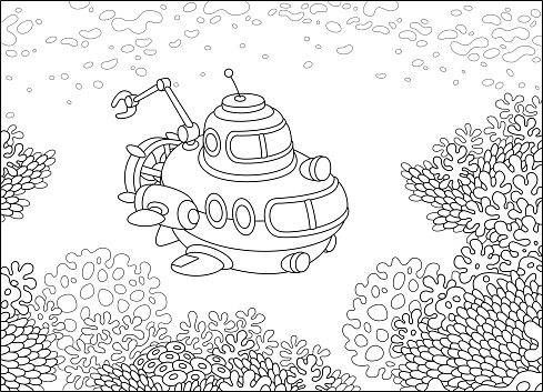 Exploratory deepsea bathyscaphe with a manipulator swimming over corals in a tropical sea, black and white outline vector illustration for a coloring book page