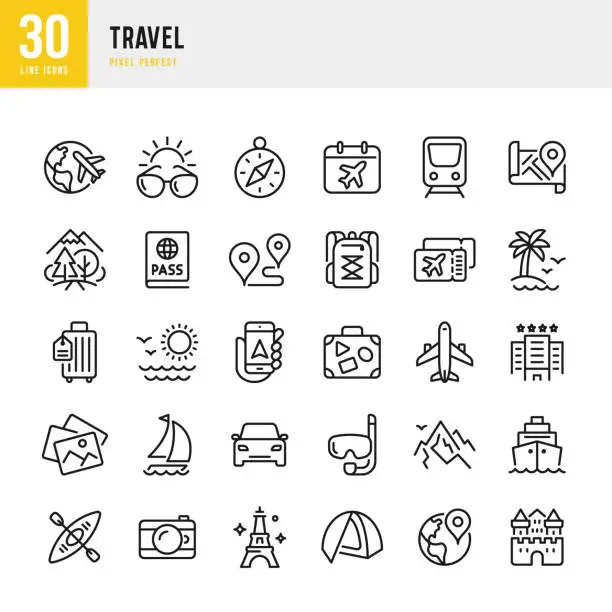 Vector illustration of Travel - thin line vector icon set. Pixel perfect. The set contains icons: Tourism, Travel, Airplane, Beach, Mountains, Navigational Compass, Palm Tree, Yacht, Passport, Diving, Cruise Ship, Kayaking, Hiking.