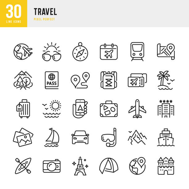 du lịch - bộ biểu tượng vector đường mỏng. pixel hoàn hảo. bộ này chứa các biểu tượng: du lịch, du lịch, máy bay, bãi biển, núi, la bàn điều hướng, cây cọ, du thuyền, hộ chiếu, lặn, du thuyền, chèo - du lịch hình minh họa sẵn có