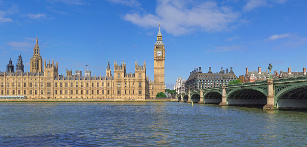 High resolution panoramic view of the Houses of Parliament Big Ben and Westminster Bridge seen from river Thames of London, UK