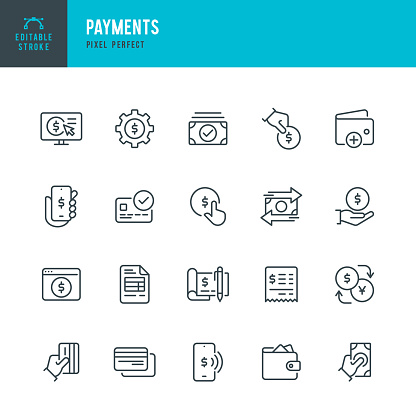 Payments - thin line vector icon set. 20 linear icon. Pixel perfect. Editable outline stroke. The set contains icons: Paying, Contactless Payment, Credit Card Purchase, Mobile Payment, Buying, Receiving Payment, Currency Exchange, Digital Wallet.