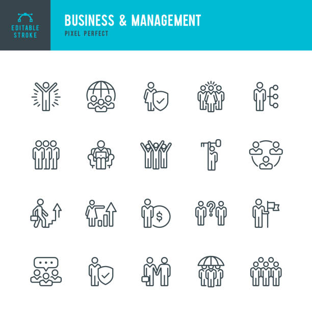 business & management - zestaw ikon wektorowych cienkich linii. piksel idealny. edytowalne obrys. zestaw zawiera ikony: ludzie, praca zespołowa, partnerstwo, prezentacja, przywództwo, wzrost, menedżer. - business meeting choice business coworker stock illustrations