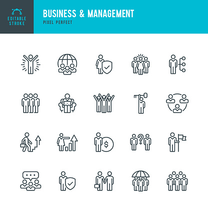 Business & Management - line vector icon set. 20 linear icon. Pixel perfect. Editable stroke. The set contains icons: People, Human Resources, Teamwork, Support, Career, Choice, Growth, Manager, Wining, Communication, Distant Work, Insurance.