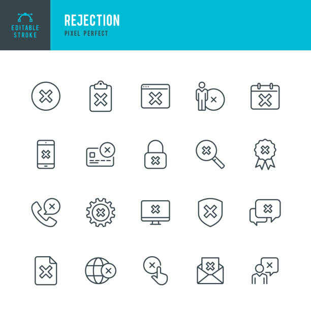 Rejection - thin line vector icon set. Pixel perfect. Editable stroke. The set contains icons: Accessibility, Rejection, Failure, Checkbox, Privacy, Alertness, Delete Key, Cross Shape, Forbidden. Rejection - thin line vector icon set. 20 linear icon. Pixel perfect. Editable outline stroke. The set contains icons: Accessibility, Rejection, Failure, Checkbox, Network Security, Privacy, Alertness, Delete Key, Cross Shape, Forbidden. forbidden stock illustrations