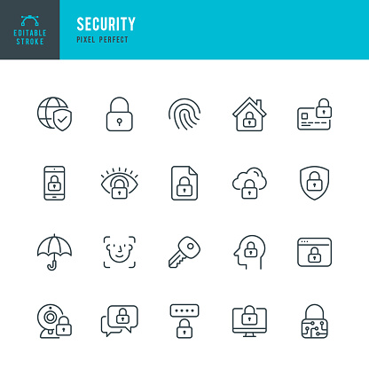 Security - thin line vector icon set. 20 linear icon. Pixel perfect. Editable stroke. The set contains icons: Security, Fingerprint, Face Identification, Key, Message Protect, Cloud Protection, Webcam Blocked, Computer Blocking, Identification, Internet Security.