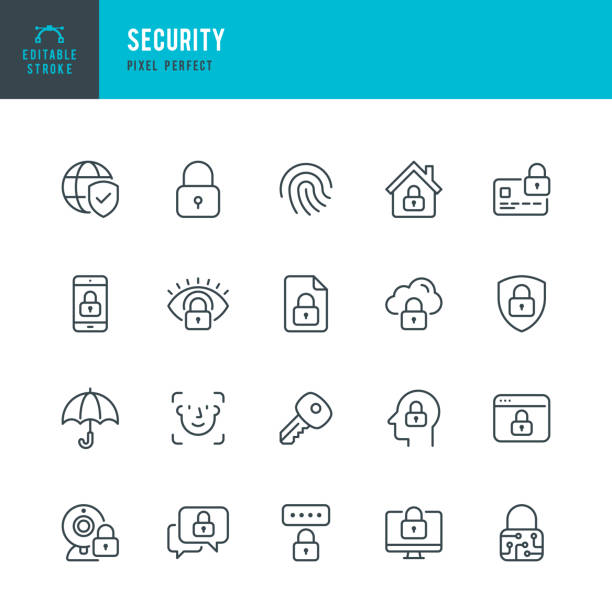 Security - thin line vector icon set. Pixel perfect. Editable stroke. The set contains icons Security, Fingerprint, Face Identification, Key, Message Protect. Security - thin line vector icon set. 20 linear icon. Pixel perfect. Editable stroke. The set contains icons: Security, Fingerprint, Face Identification, Key, Message Protect, Cloud Protection, Webcam Blocked, Computer Blocking, Identification, Internet Security. security system stock illustrations