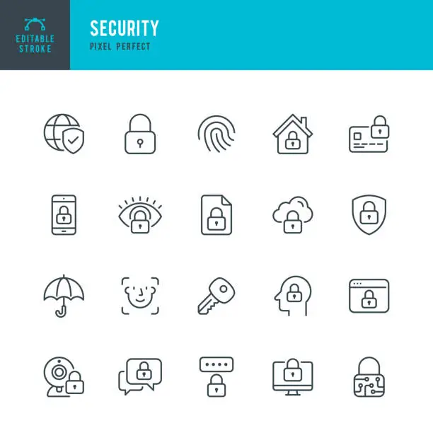 Vector illustration of Security - thin line vector icon set. Pixel perfect. Editable stroke. The set contains icons Security, Fingerprint, Face Identification, Key, Message Protect.