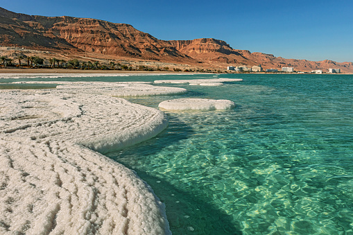 Salt on the shore of the Dead Sea, Israel