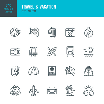 Travel - thin line vector icon set. 20 linear icon. Pixel perfect. Editable outline stroke. The set contains icons: Tourism, Travel, Airplane, Beach, Mountains, Navigational Compass, Palm Tree, Hotel, Passport, Sunglasses, Cruise Ship, Kayaking, Hiking, Train.