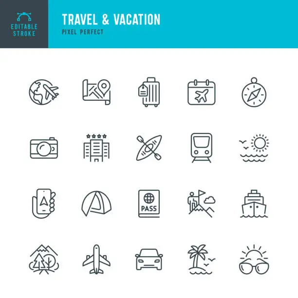 Vector illustration of Travel - thin line vector icon set. Editable stroke. Pixel perfect. The set contains icons: Tourism, Travel, Airplane, Beach, Mountains, Navigational Compass, Palm Tree, Passport, Hotel, Cruise Ship, Kayaking, Hiking.