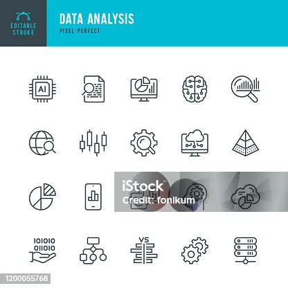 istock Data Analysis - thin line vector icon set. Pixel perfect. Editable stroke. The set contains icons: Big Data, Artificial Intelligence, Chart, Computer Chip, Diagram, Cloud Computing, Progress Report, Stock Market Data. 1200055768