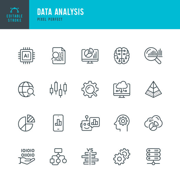 Data Analysis - thin line vector icon set. Pixel perfect. Editable stroke. The set contains icons: Big Data, Artificial Intelligence, Chart, Computer Chip, Diagram, Cloud Computing, Progress Report, Stock Market Data. Data Analysis - thin line vector icon set. 20 linear icon. Pixel perfect. Editable outline stroke. The set contains icons: Big Data, Chart, Analysis, Artificial Intelligence, Diagram, Chart, Financial Advisor, Computer Chip, Network Server, Cloud Computing, Progress Report, Stock Market Data, Digital Brain. telecommunications equipment stock illustrations