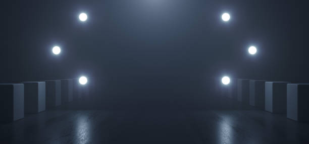 istock Sci Fi Futuristic Studio Led Lights Dark Garage Grunge Concrete Reflective Circle Dot Lamps Glowing Cinematic Blue White Glare Background 3D Rendering 1200055770