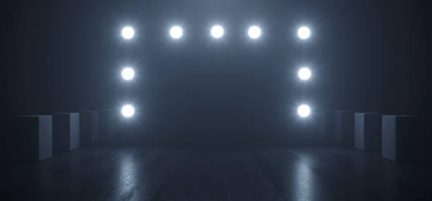 istock Sci Fi Futuristic Studio Led Lights Dark Garage Grunge Concrete Reflective Circle Dot Lamps Glowing Cinematic Blue White Glare Background 3D Rendering 1200056742