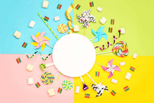 istock Flat lay composition with various party items and candies on colorful background 1200059235