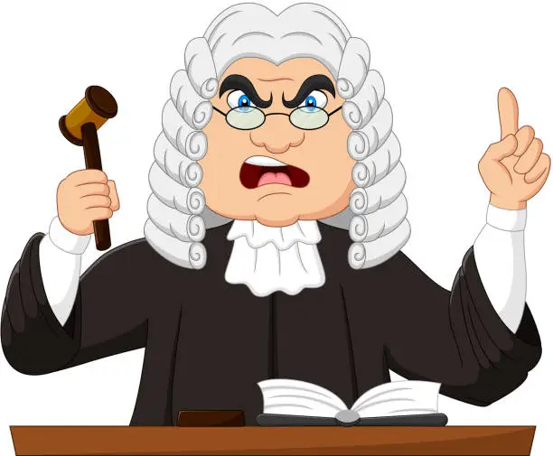 Vector illustration of Angry male judge holding gavel and pointing up