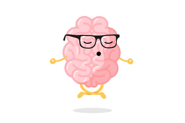 Cute cartoon smart human brain character with glasses relaxation meditate concept. Central nervous system organ meditation in lotus yoga pose. Relax concept vector illustration Cute cartoon smart human brain character with glasses relaxation meditate concept. Central nervous system organ meditation in lotus yoga pose. Funny relax concept vector illustration intelligence illustrations stock illustrations