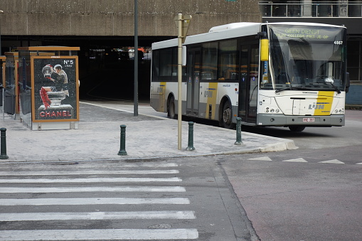 Brussels, Belgium - December 24, 2019: Not in service bus (Dutch: Geen Dienst). Vlaamse Vervoersmaatschappij De Lijn is a company run by the Flemish government in Belgium providing public transport
